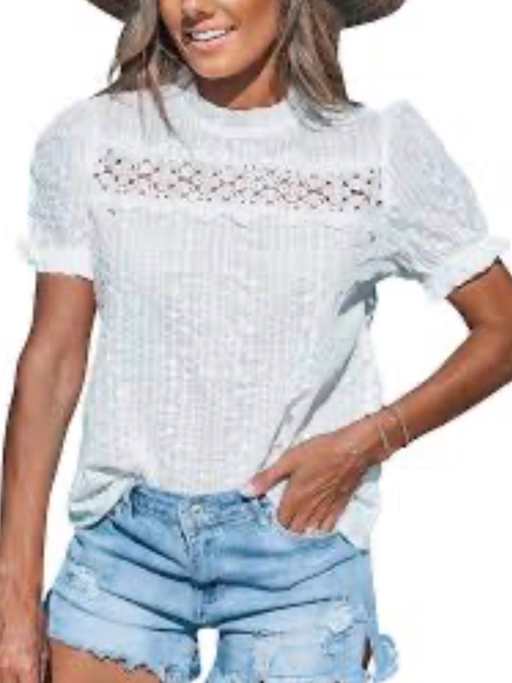 CUPSHE Women Tops Ruffled Embroidered Puff Sleeve Tee Lace Shirt - NWT